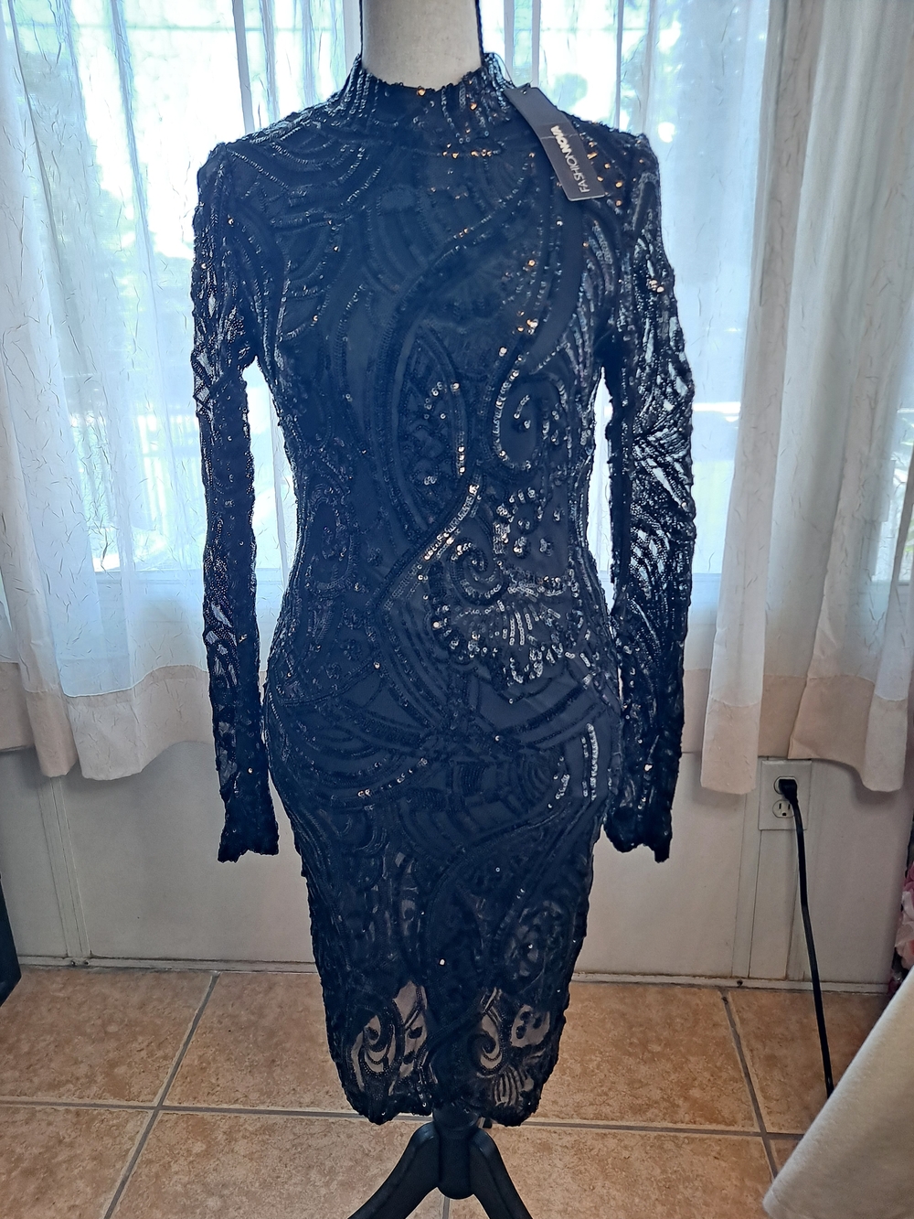 Fashion Nova Black Sequined Long Sleeve Mini Dress